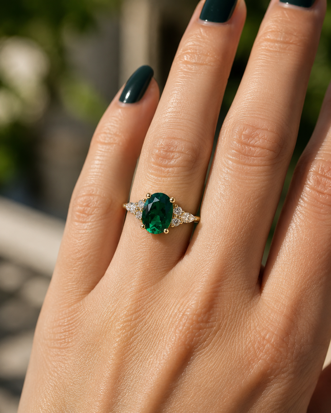 Oval Emerald & Lab Grown Diamond Engagement Ring Vintage Cluster 14K Gold Classic Setting