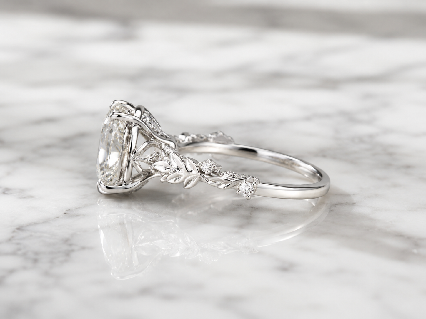 Oval Lab Grown Diamond Floral Engagement Ring in White Gold
