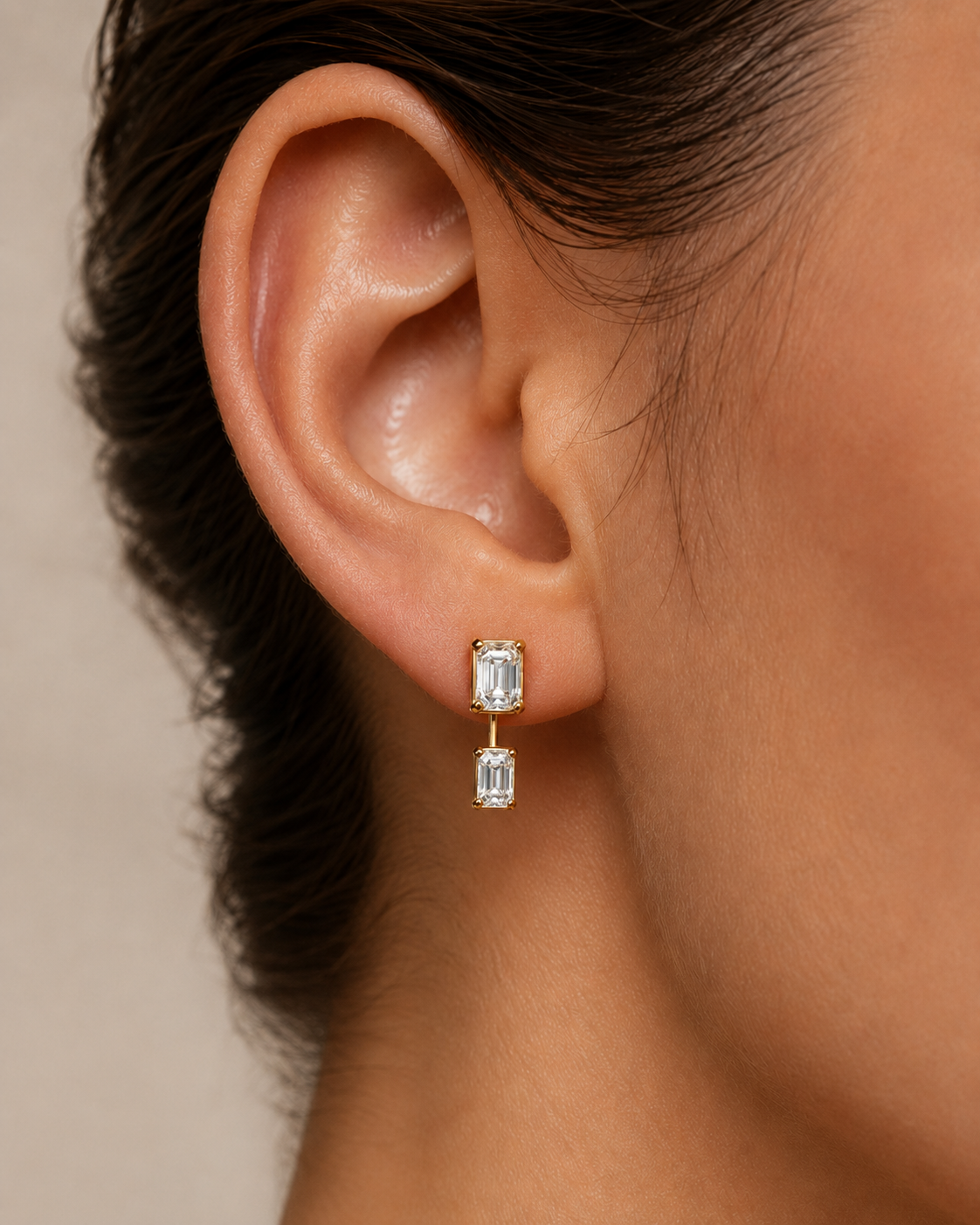Emerald Cut Lab Grown Diamond Stud Earrings Detachable Ear Jacket 14K Gold 3ct E VVS2 IGI Certified