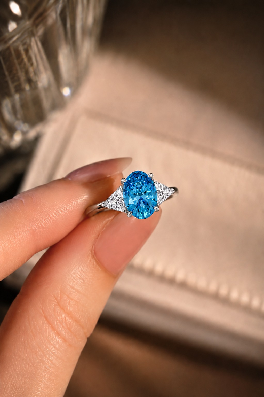 3 Ct Fancy Blue Oval Lab Grown Diamond Three-Stone Ring – 14K White Gold