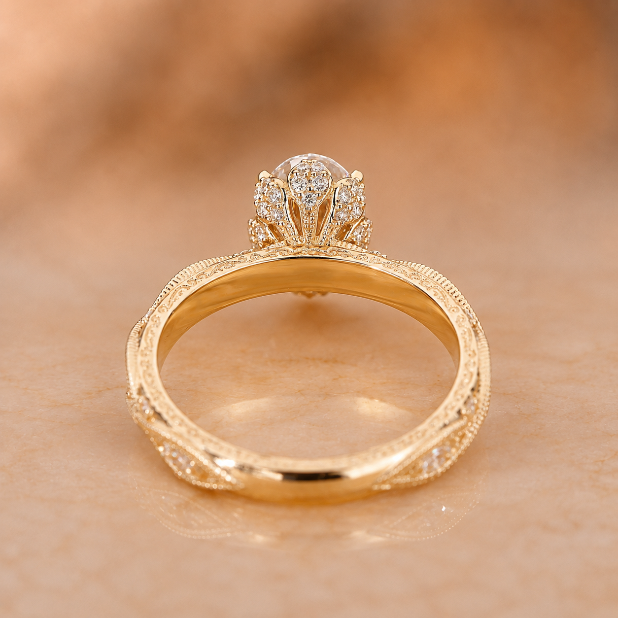Oval Lab Grown Diamond Engagement Ring Vintage Hidden Halo 14K Yellow Gold IGI Certified 4 Carat