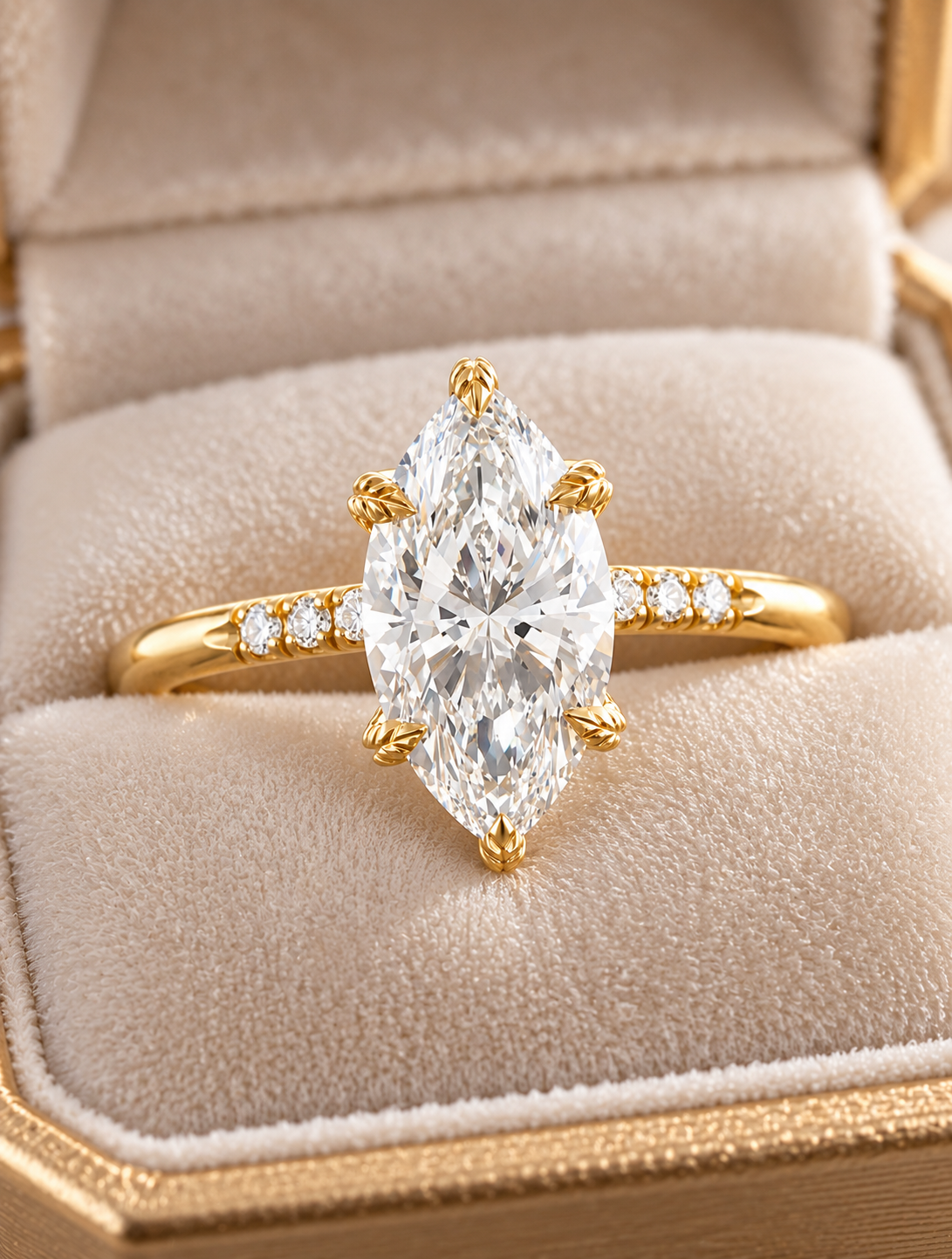 Marquise Lab Grown Diamond Engagement Ring Solitaire Pave Band 14K Yellow Gold IGI Certified
