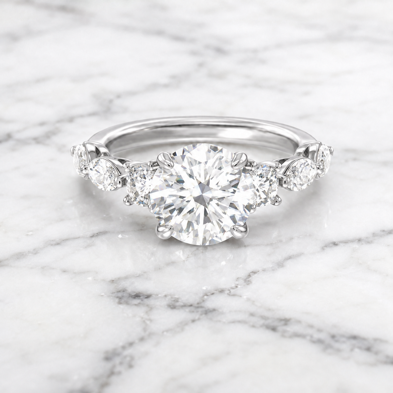 Round Lab Grown Diamond Engagement Ring Side Stone 14K White Gold E VVS2 4.2 Carat, IGI Certified