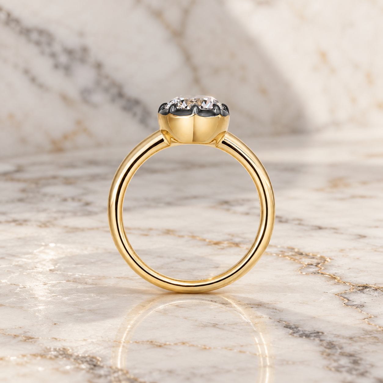 Lab-Grown Diamond Engagement Ring: Black Gold Bezel-Prong Setting, 14K Yellow Gold Band