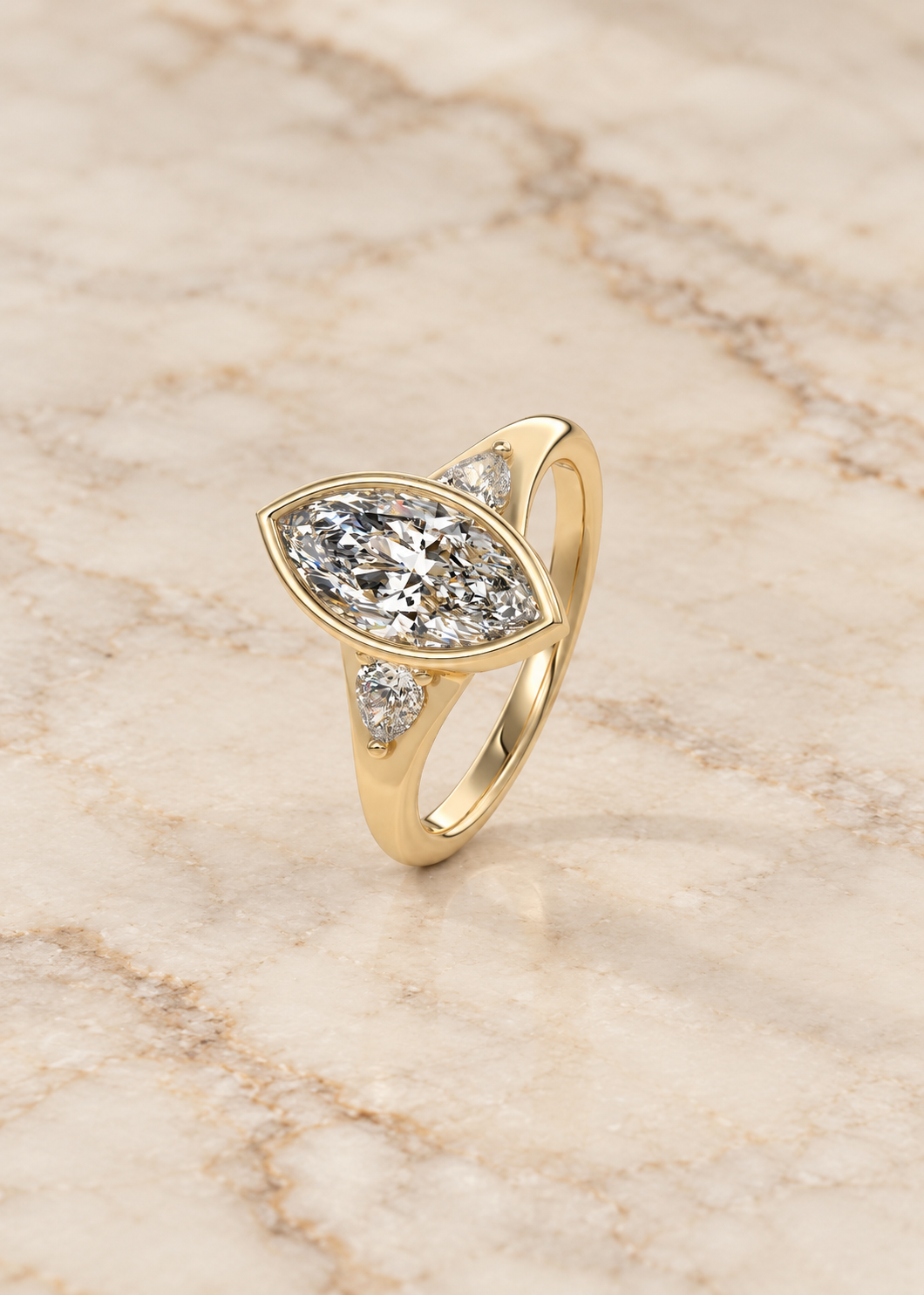 Marquise Lab-Grown Diamond Bezel Engagement Ring, Pear Side Stones, 14K Rose Gold (IGI Certified)