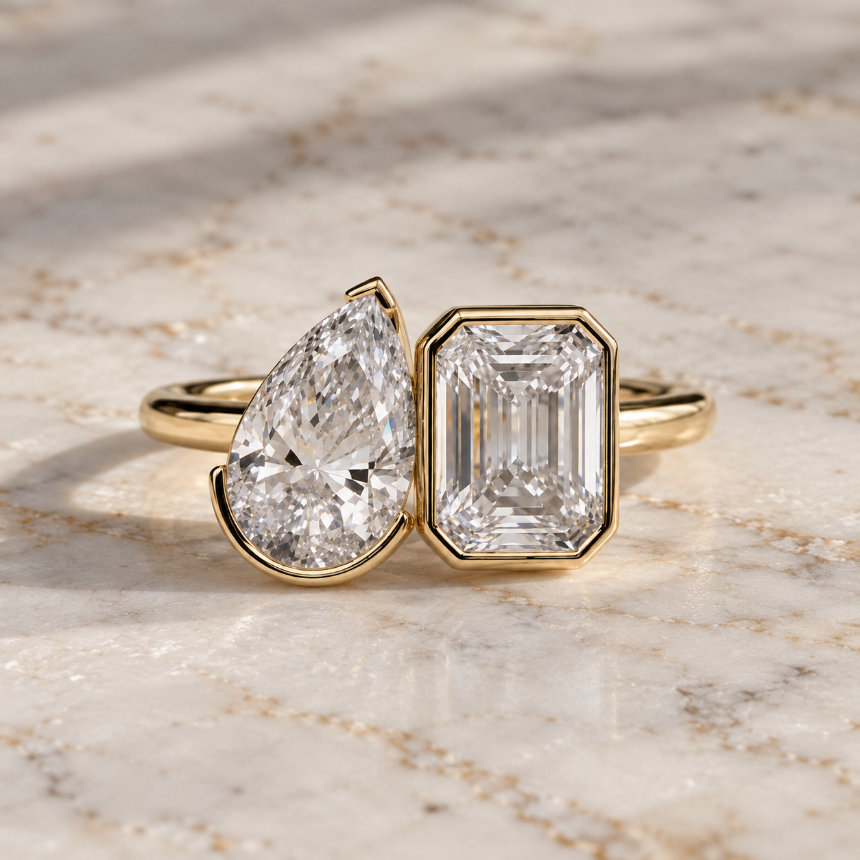 Pear & Emerald Cut Lab Grown Diamond Engagement Ring Toi et Moi 14K Yellow Gold Bezel Cathedral Setting