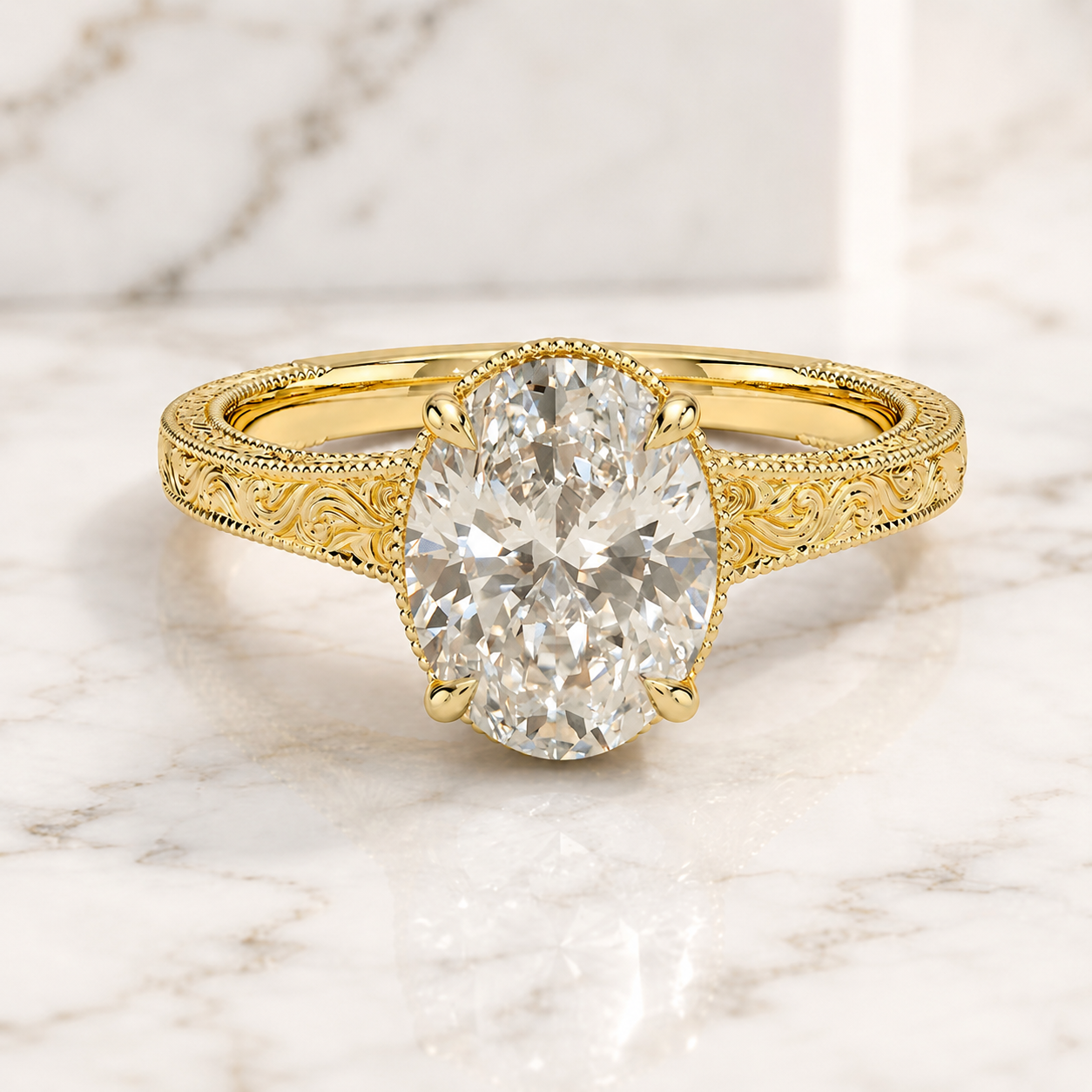 Oval Lab Grown Diamond Engagement Ring Four Prong Solitaire 14K Yellow Gold Hand-Engraved Milgrain Band
