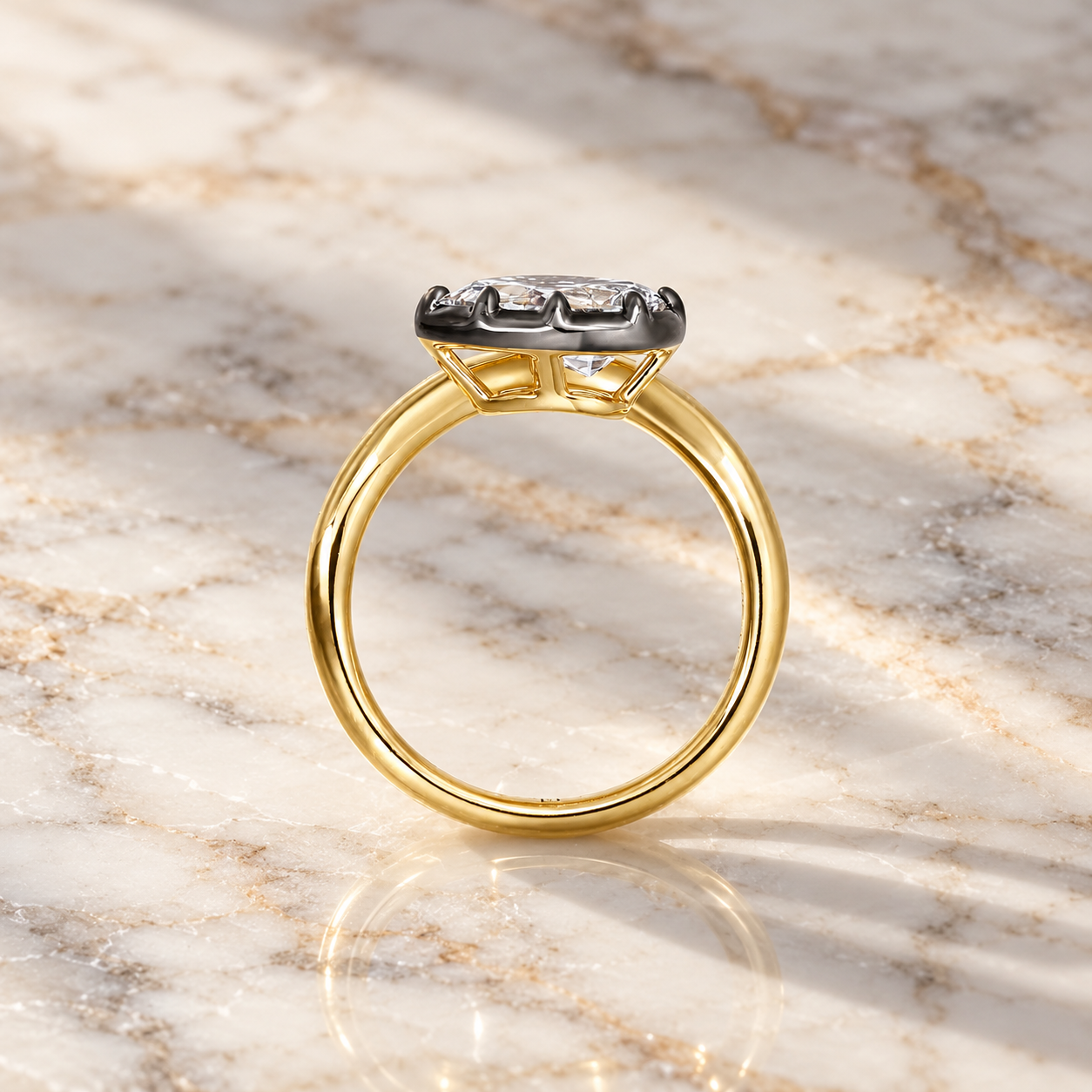 Pear Lab Grown Diamond Pinky Ring Black Gold Bezel-Prong 14K Yellow Gold IGI Certified E VVS2