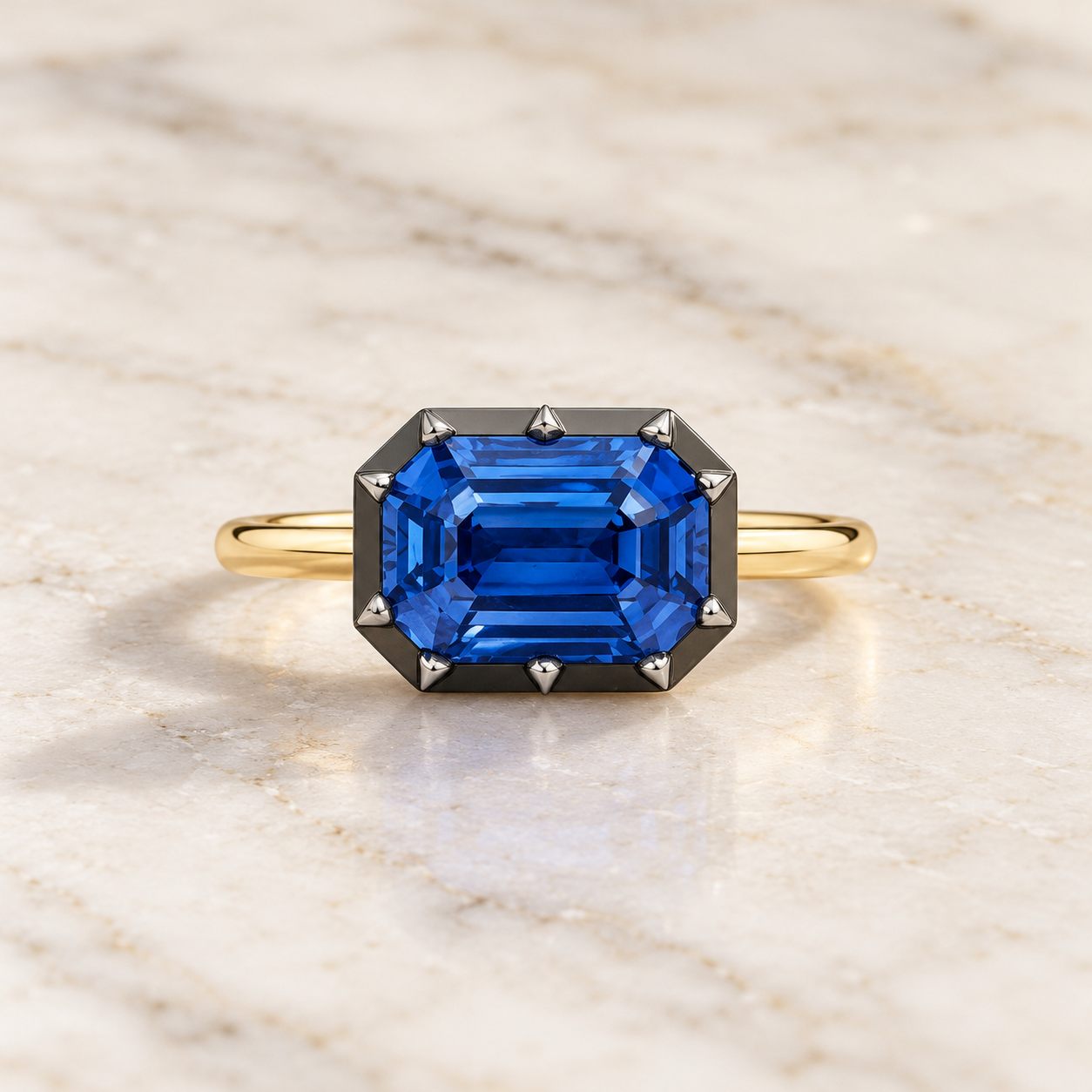 Blue Emerald Cut Sapphire East-West Ring Button Back 18K Yellow Gold Solitaire