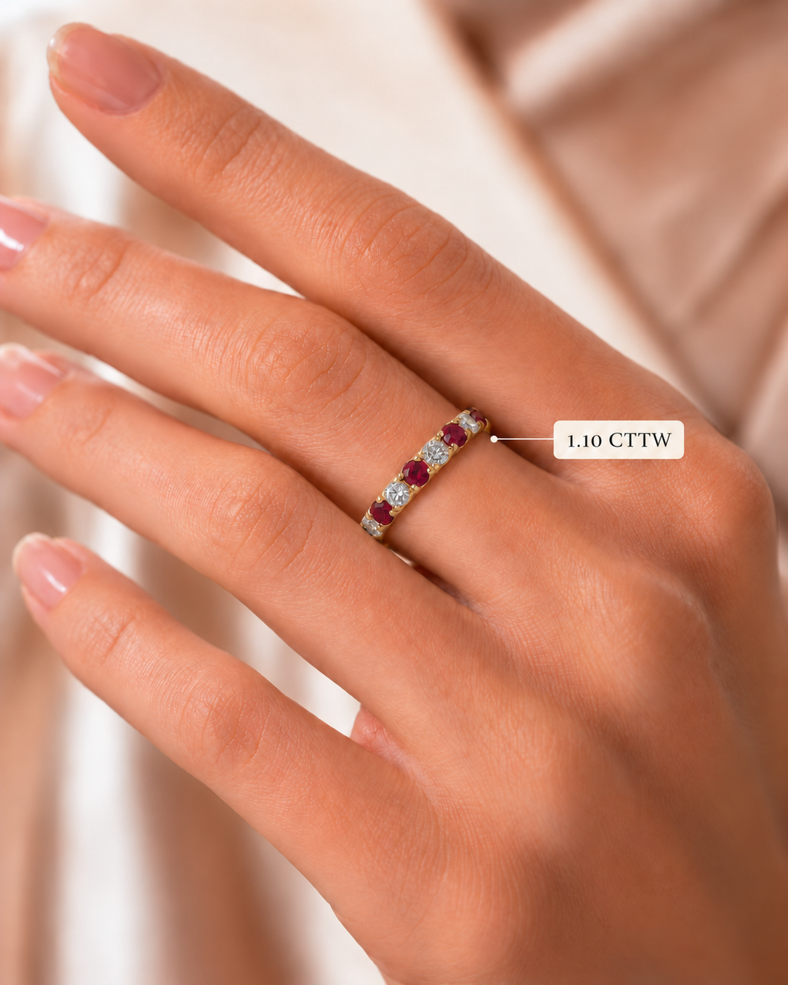 Ruby and Diamond Wedding Band Alternating Lab Grown Stones 14K Gold Stackable Anniversary Ring