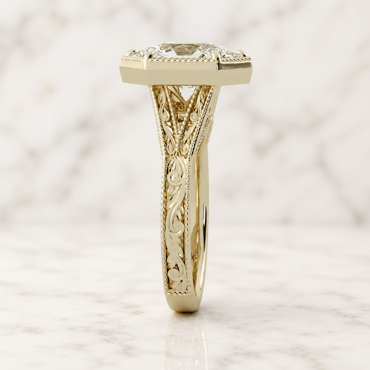 Duchess Cut Lab Grown Diamond Engagement Ring Split Shank 14K Yellow Gold Milgrain Bezel