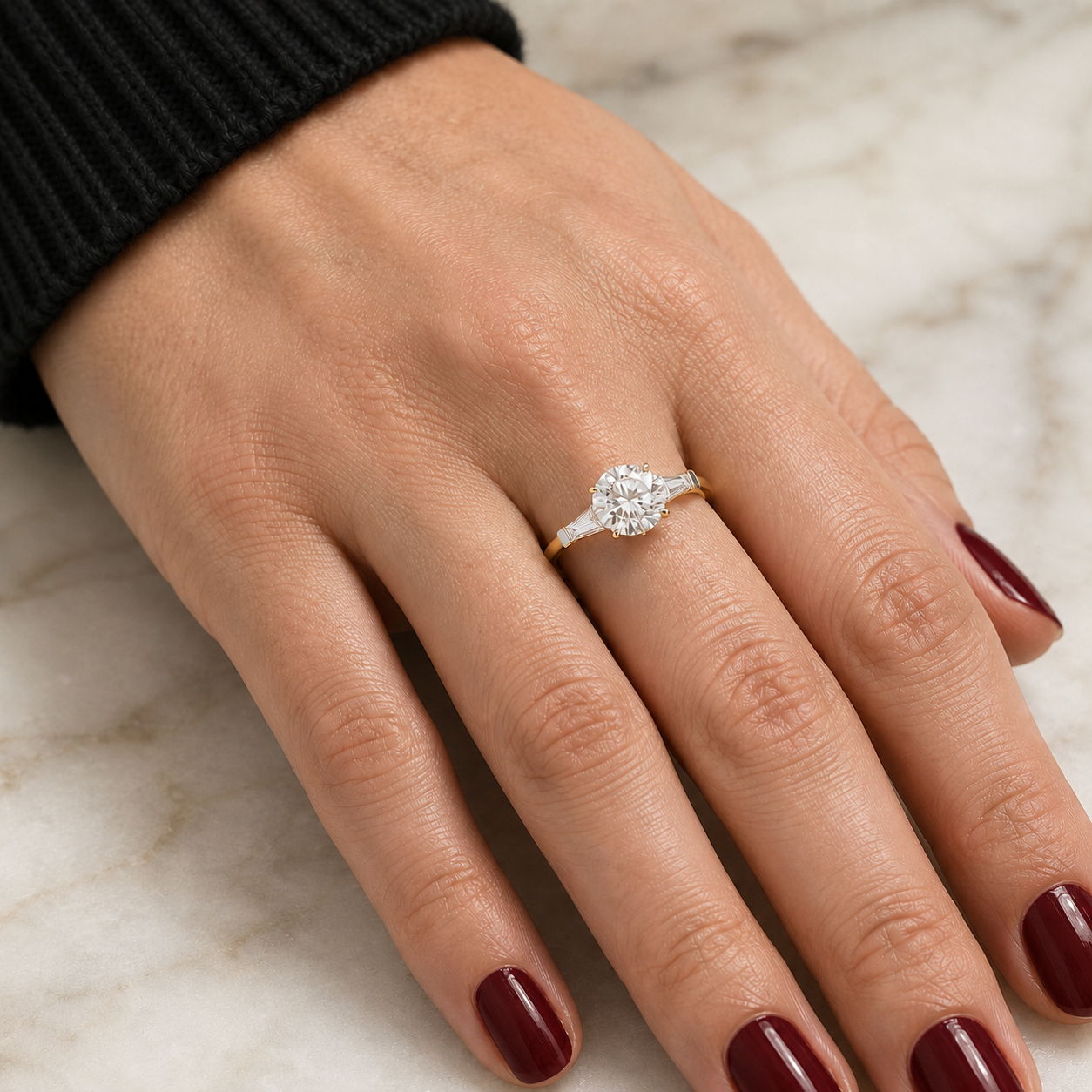 Round Lab Grown Diamond Engagement Ring Three Stone Tapered Baguette 14K Yellow Gold 1.35ct E/VVS2