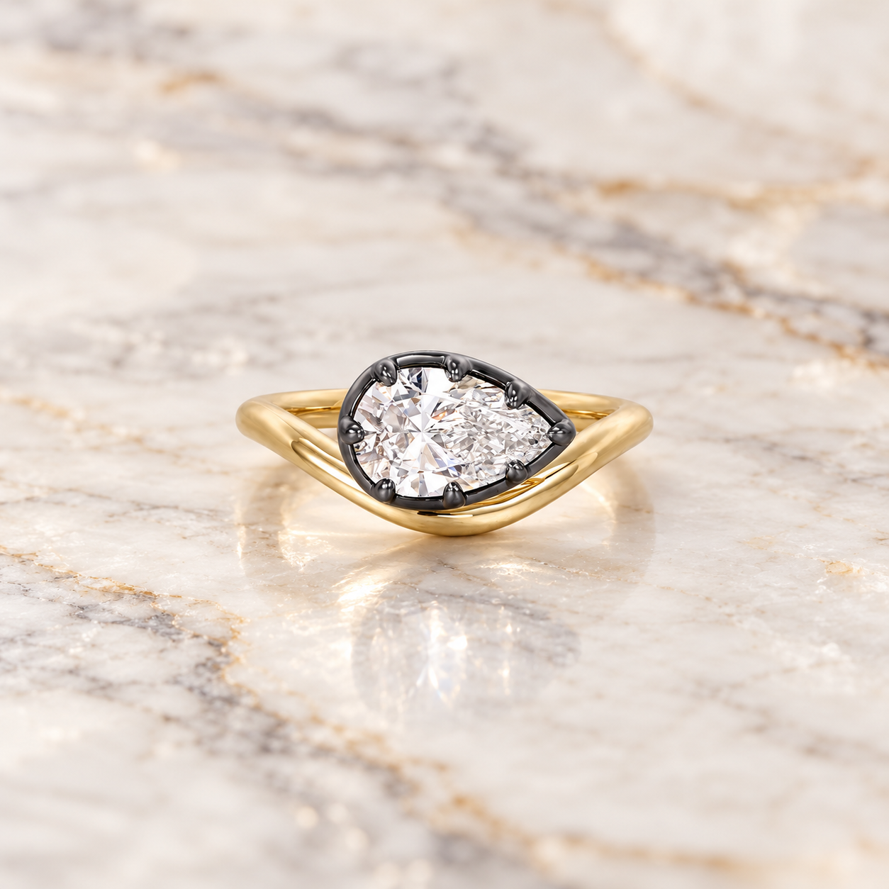 Pear Lab Grown Diamond Pinky Ring Black Gold Bezel-Prong 14K Yellow Gold IGI Certified E VVS2