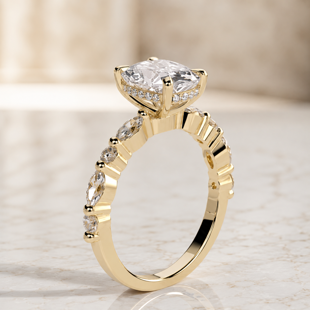 2ct Elongated Cushion Lab Grown Diamond Engagement Ring – 18K Yellow Gold Hidden Halo