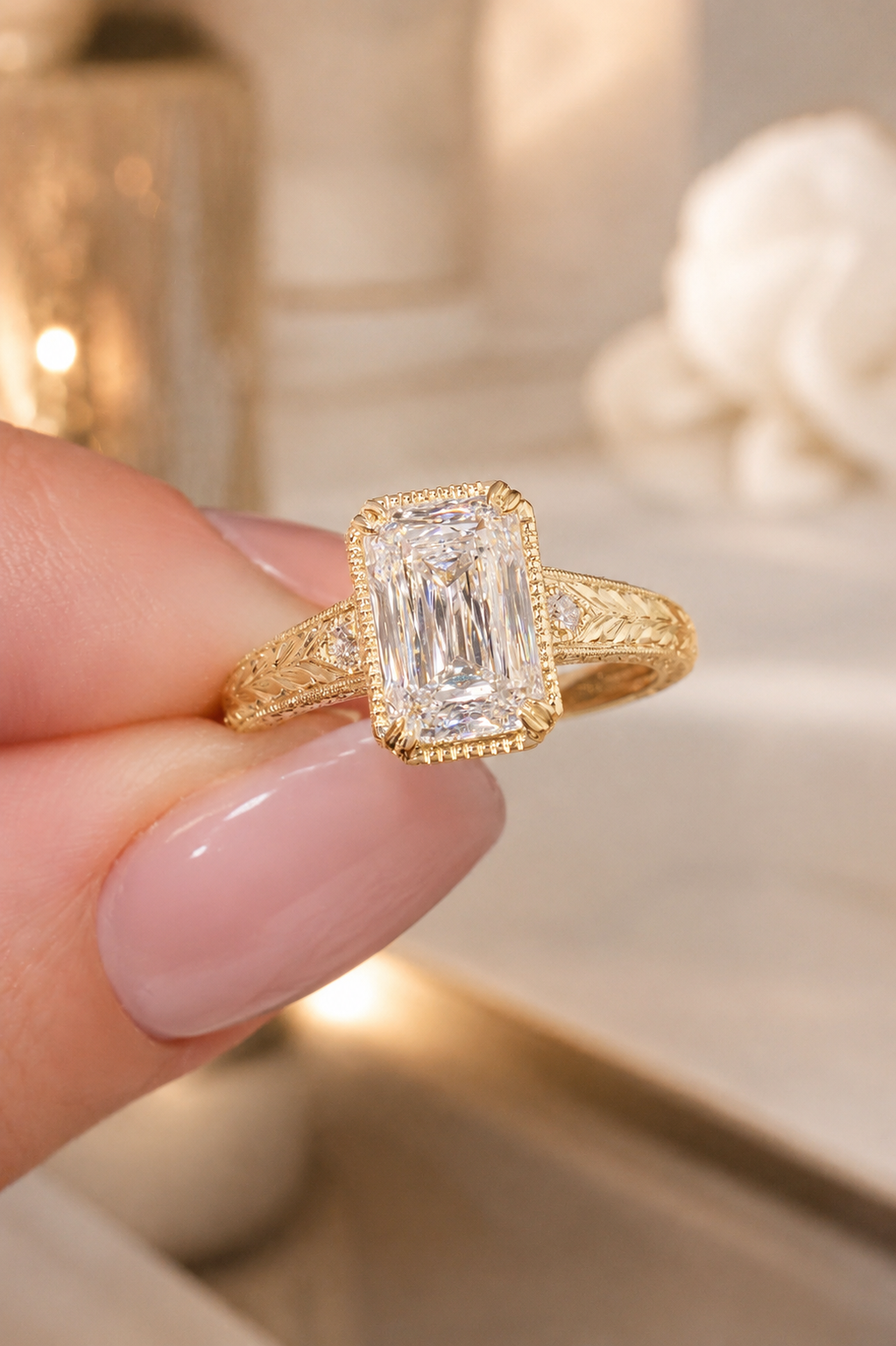 Crisscut Lab Grown Diamond Engagement Ring Milgrain Bezel 14K Yellow Gold – IGI Certified 3 Carat E VVS2