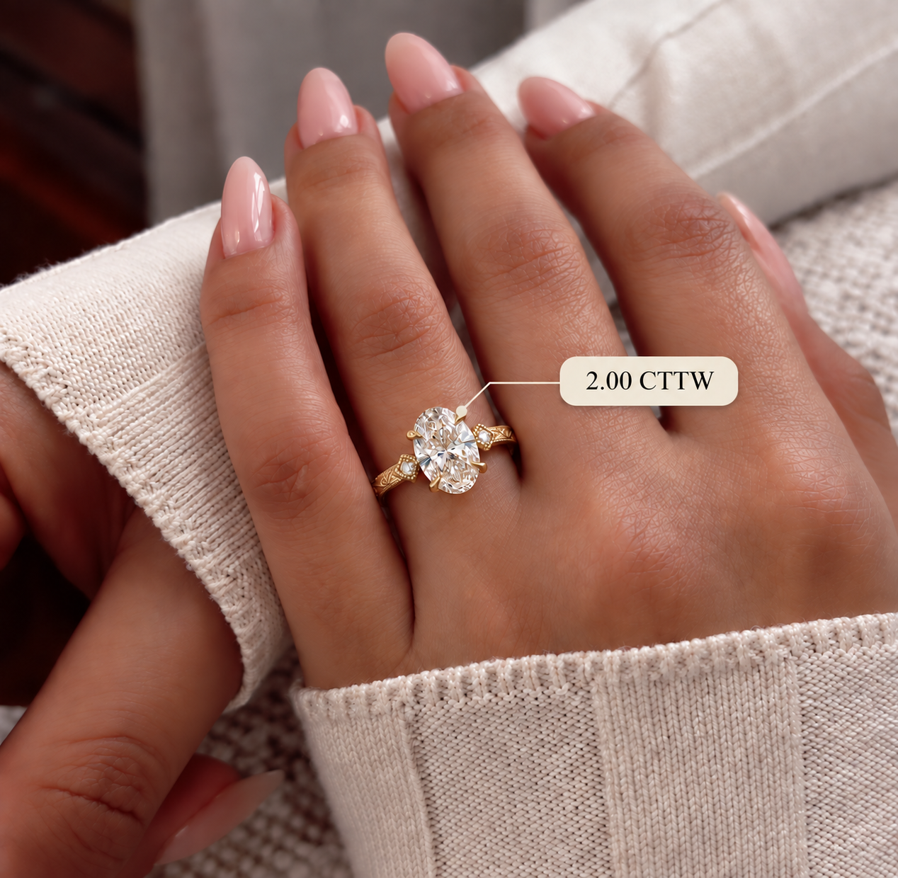 Oval Lab Grown Diamond Engagement Ring Three Stone 14K Yellow Gold Hand-Engraved Vintage Setting