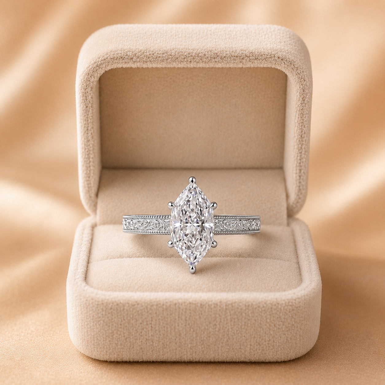Dutch Marquise Lab Grown Diamond Engagement Ring Vintage Etched Solitaire 14K White Gold IGI Certified 3 Carat E VVS2 
