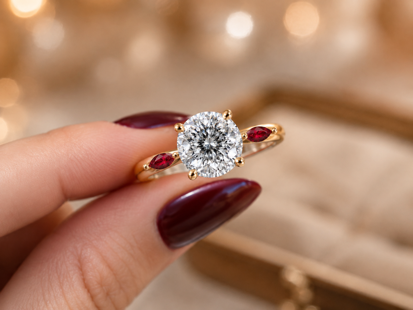 Portuguese Lab Grown Diamond Engagement Ring Three Stone Solitaire 14K Yellow Gold Marquise Ruby Accents