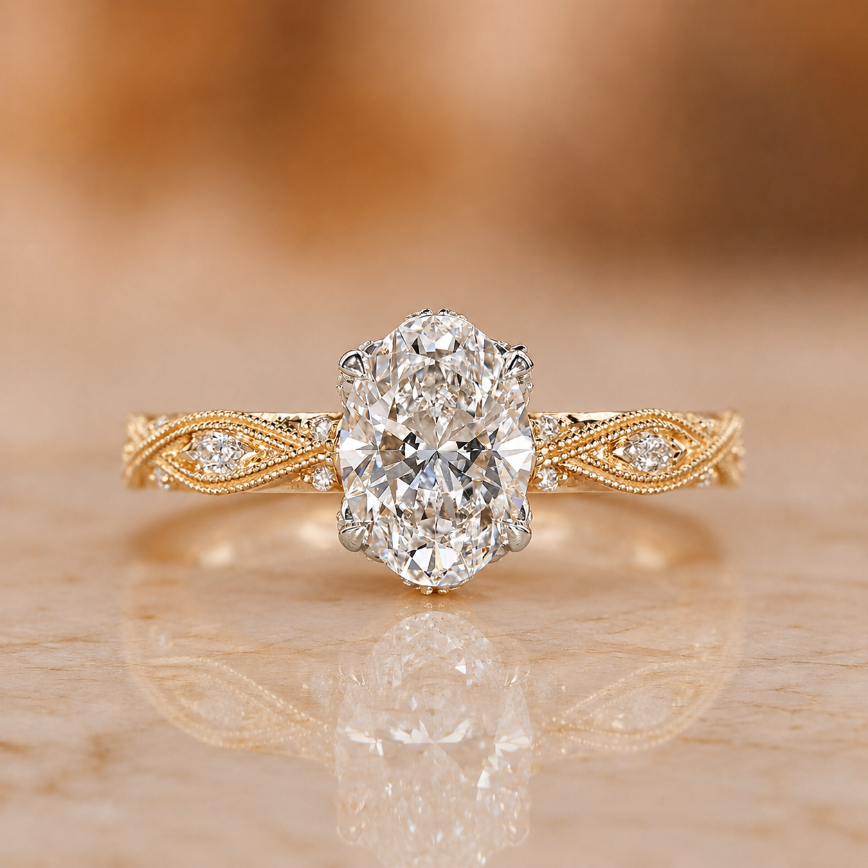 Oval Lab Grown Diamond Engagement Ring Vintage Hidden Halo 14K Yellow Gold IGI Certified 4 Carat