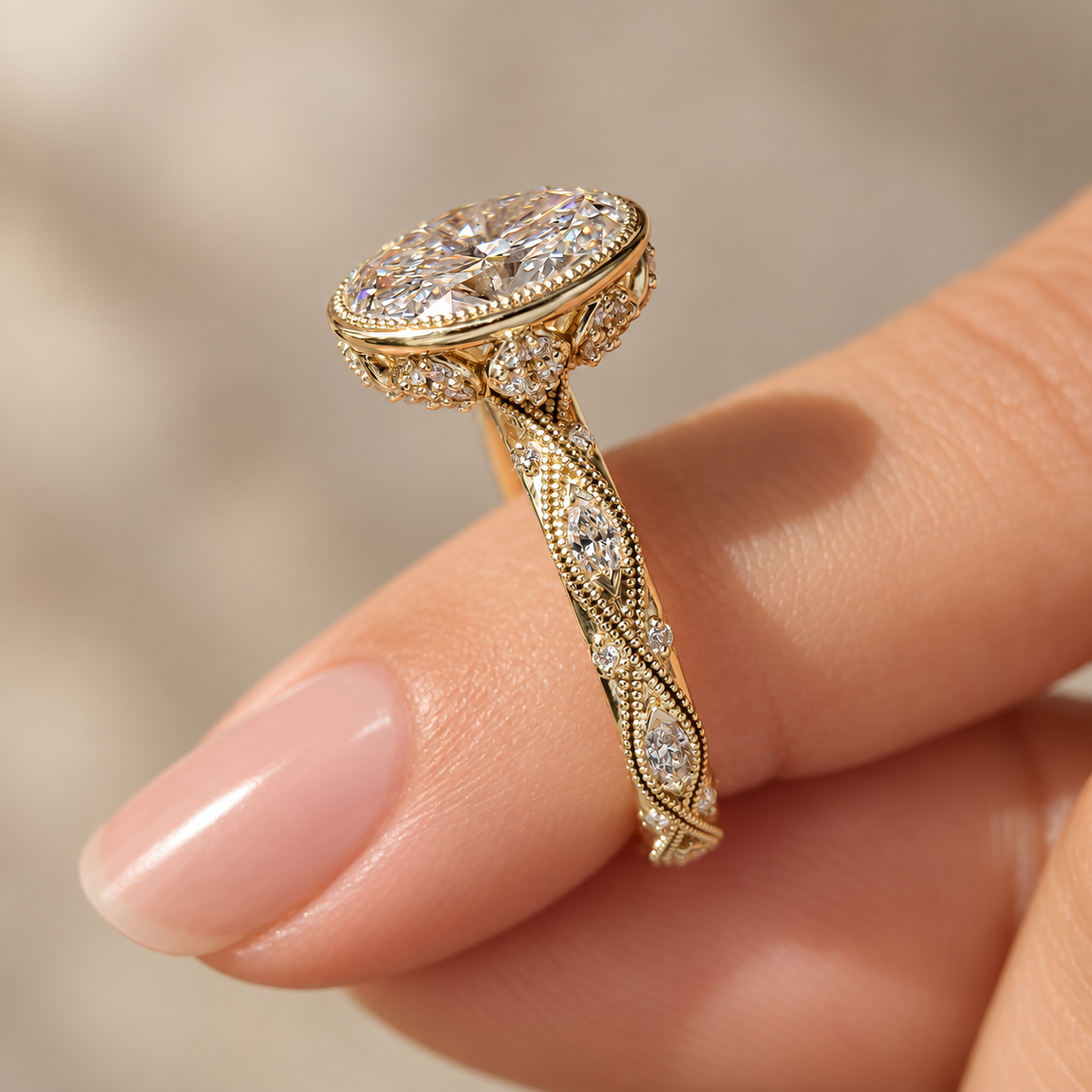 Oval Lab Grown Diamond Engagement Ring Vintage Bezel Milgrain 14K Yellow Gold IGI Certified 2 Carat
