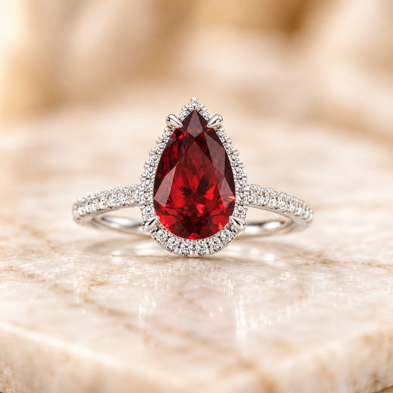 Pear Lab Grown Ruby Engagement Ring Diamond Halo Platinum 2.5 Carat Pavé Band