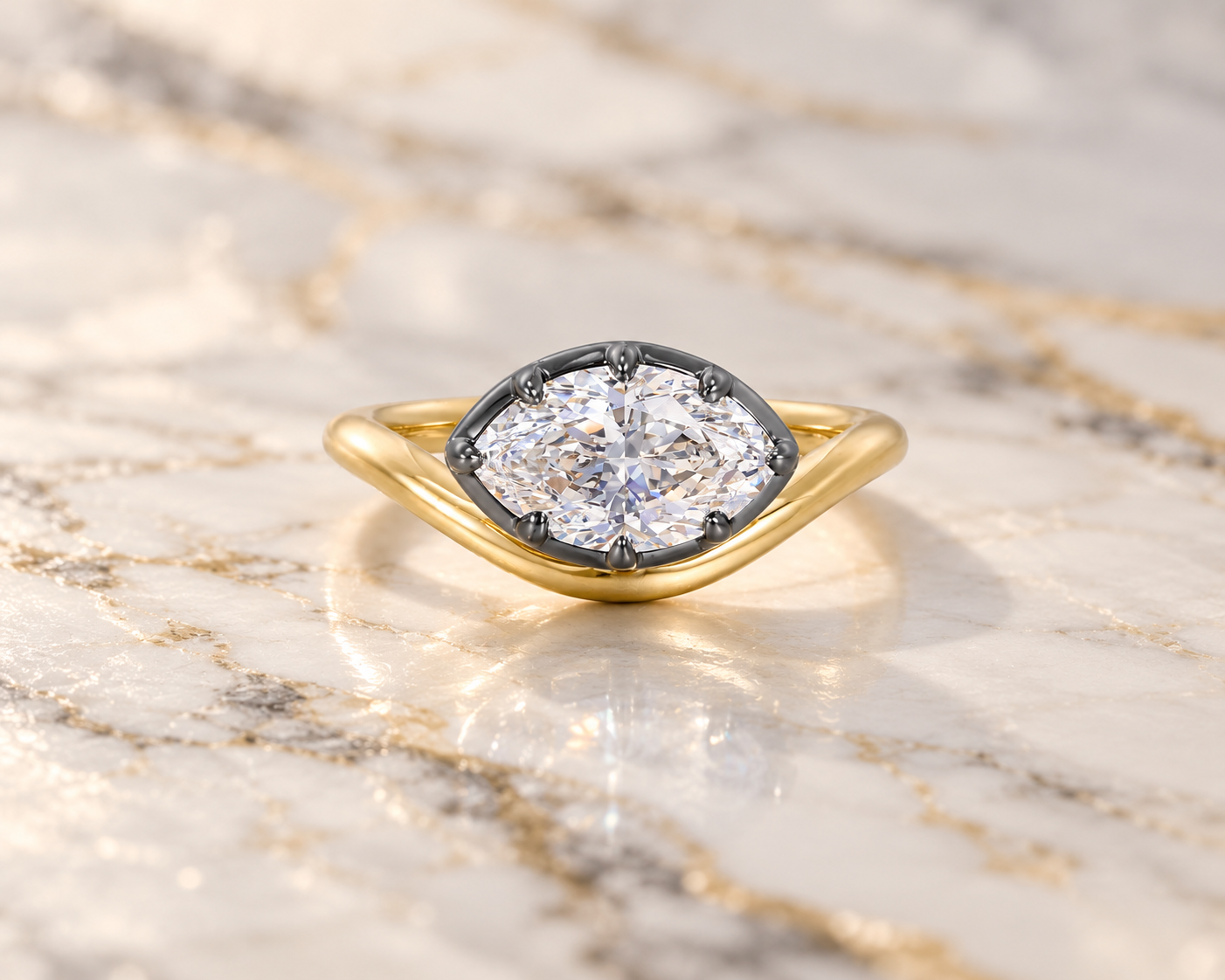 Marquise Lab Grown Diamond Engagement Ring East-West Bezel-Prong 14K Yellow Gold IGI Certified