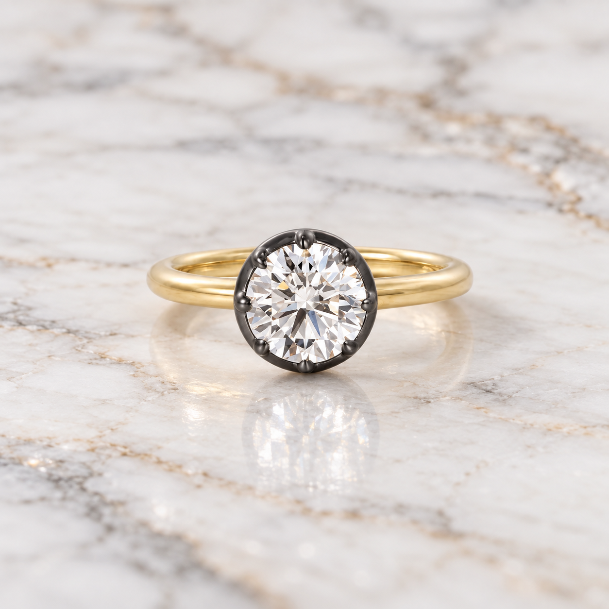 Lab-Grown Diamond Engagement Ring: Black Gold Bezel-Prong Setting, 14K Yellow Gold Band