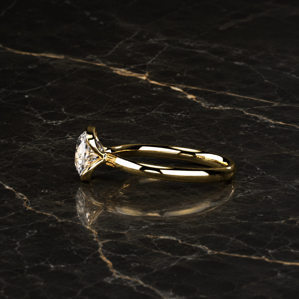 Cushion Lab Grown Diamond Engagement Ring Half Bezel Solitaire 14K Yellow Gold IGI Certified 1 Carat