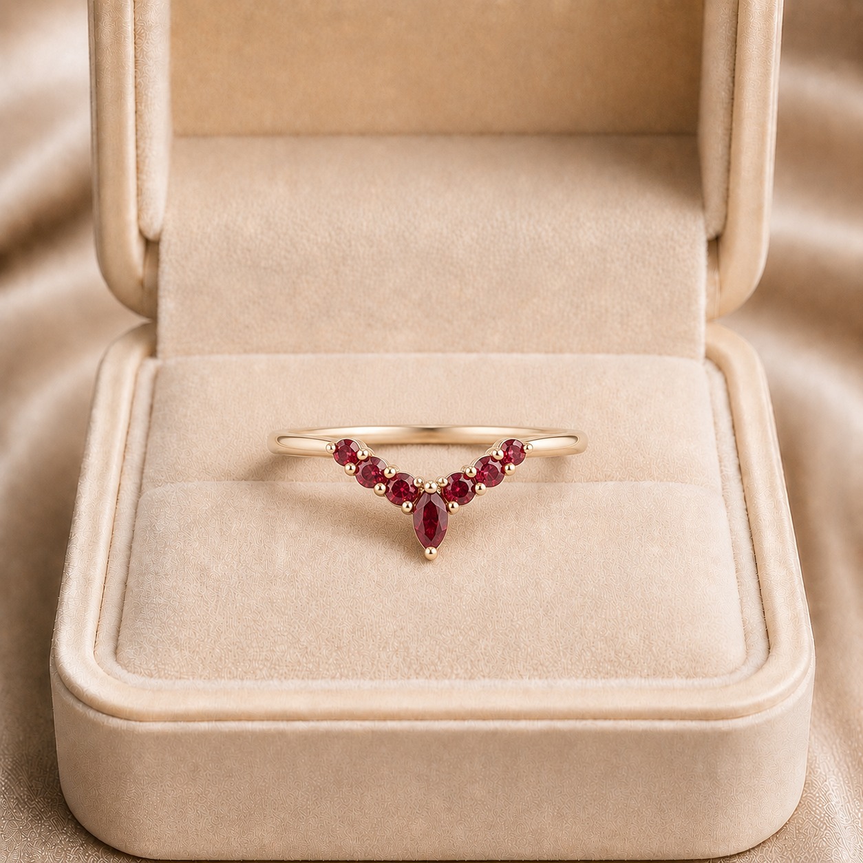 Ruby Wedding Band Marquise & Round Curved 14K Gold Stacking Ring for Women
