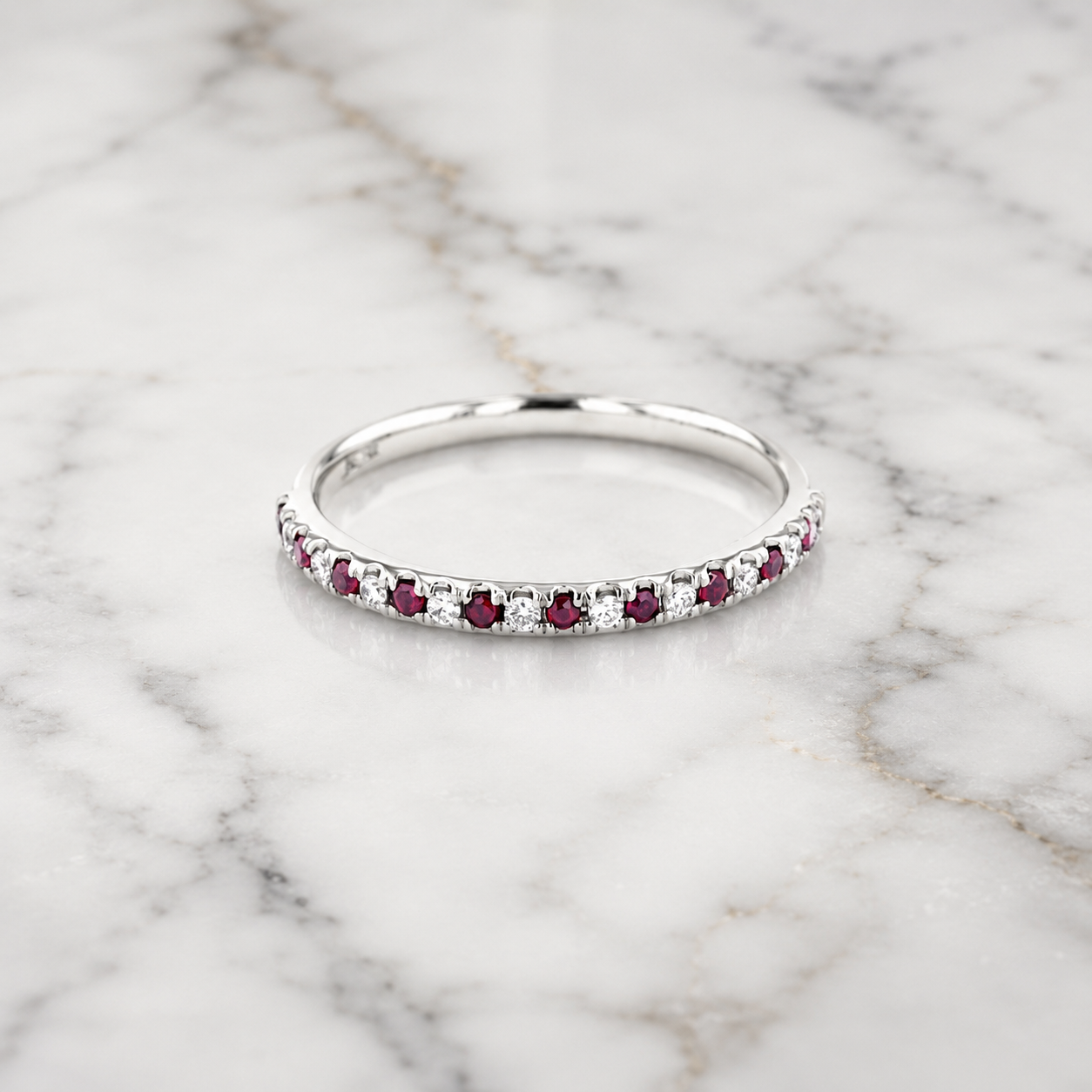 Round Lab Grown Diamond & Ruby Wedding Band Pave 14K White Gold 2.2mm Stackable Ring