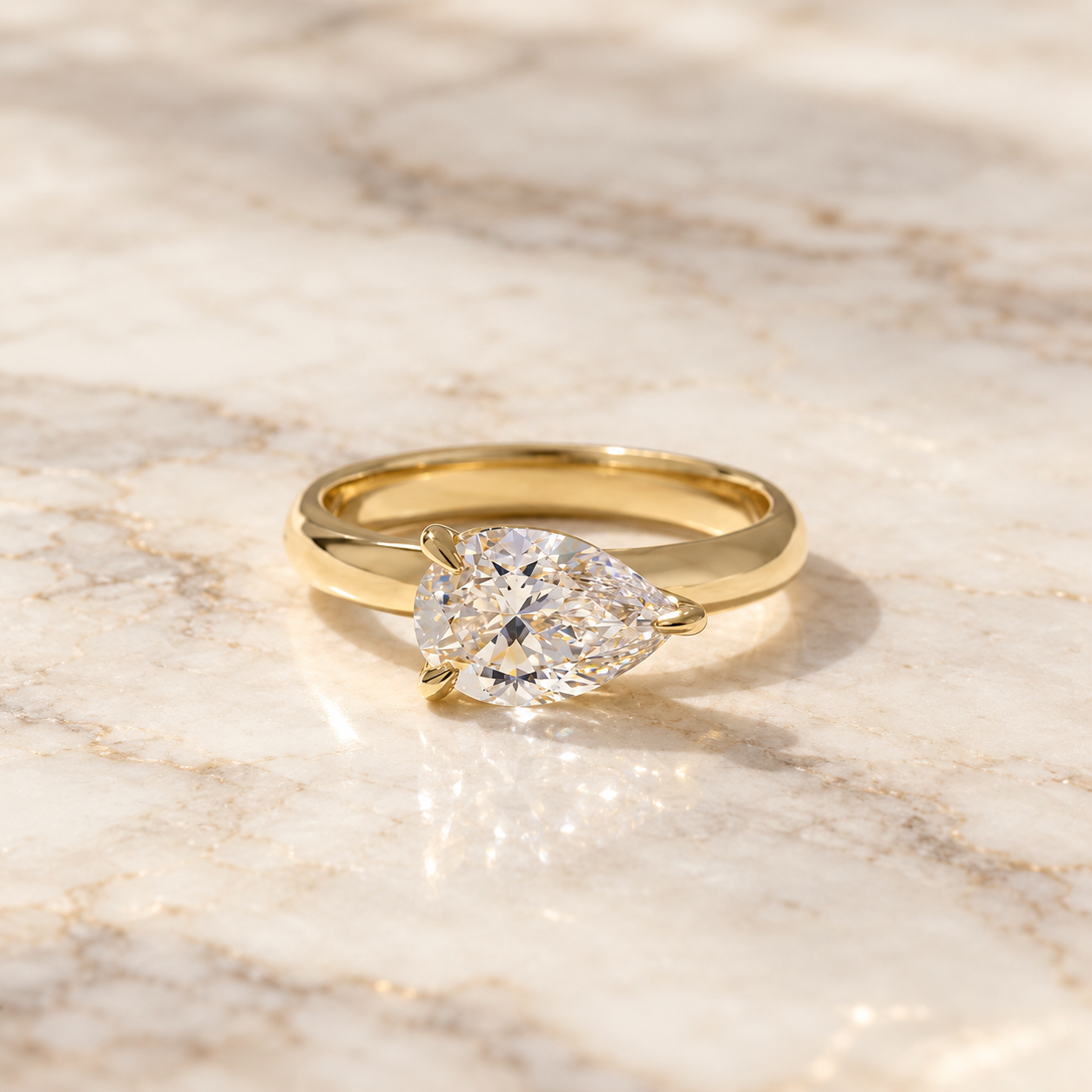 Pear Lab Grown Diamond Engagement Ring, East West Solitaire 14K Yellow Gold IGI Certified