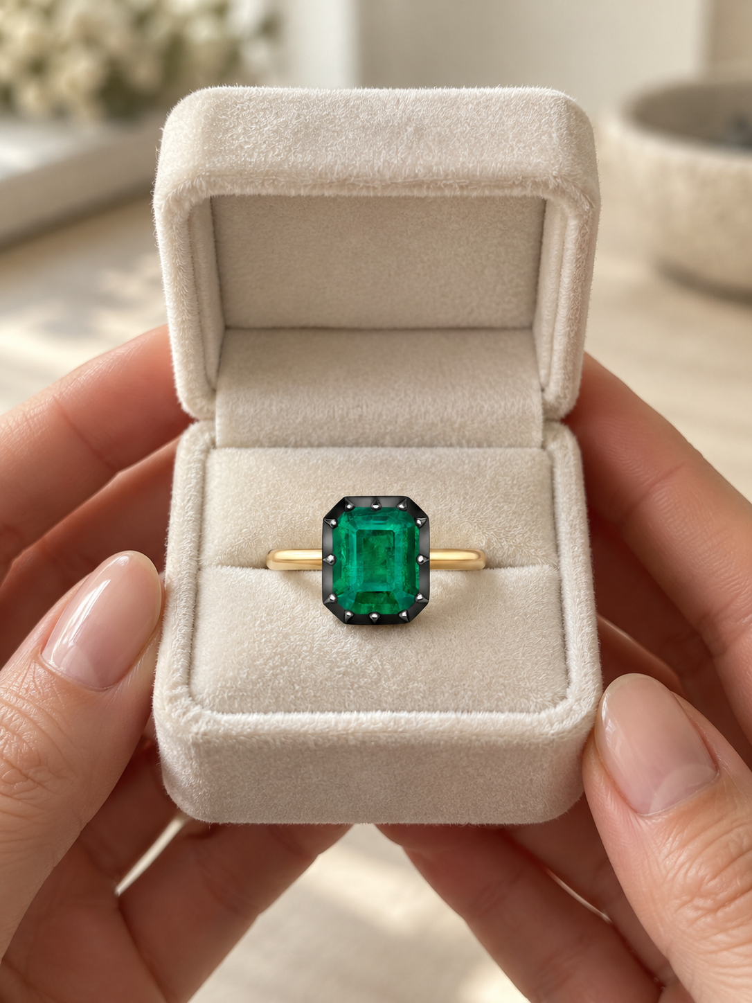 Emerald Cut Natural Emerald Ring Georgian Cut-Down 18K Blackened White & Yellow Gold