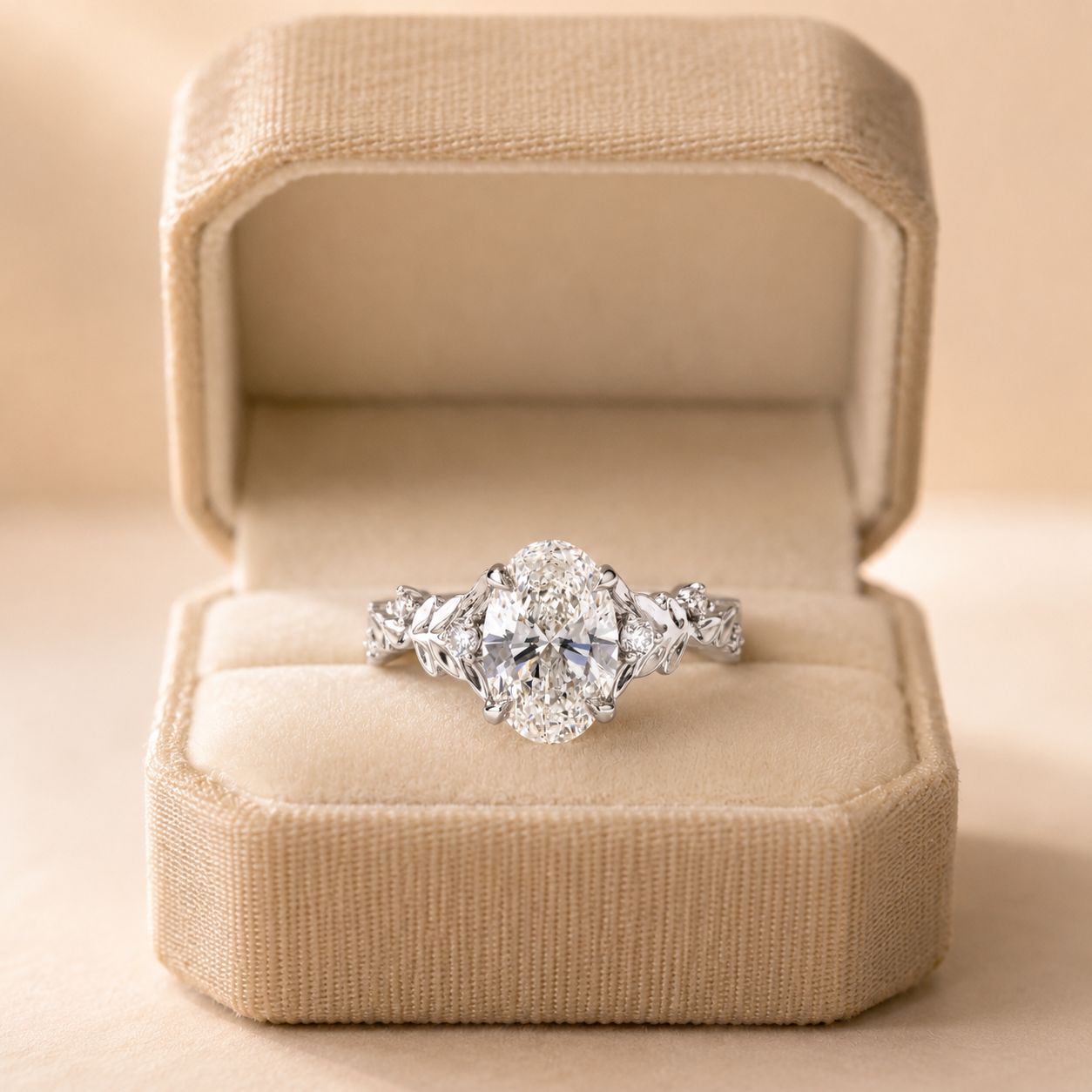 Oval Lab Grown Diamond Floral Engagement Ring in White Gold