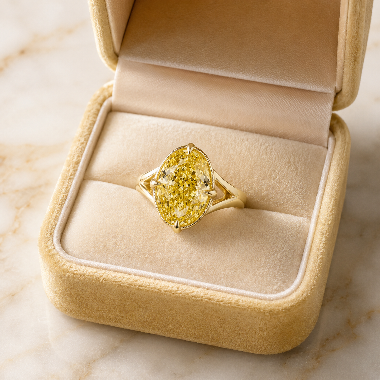 Fancy Yellow Oval Lab Grown Diamond Engagement Ring – Milgrain Bezel, 14K Gold