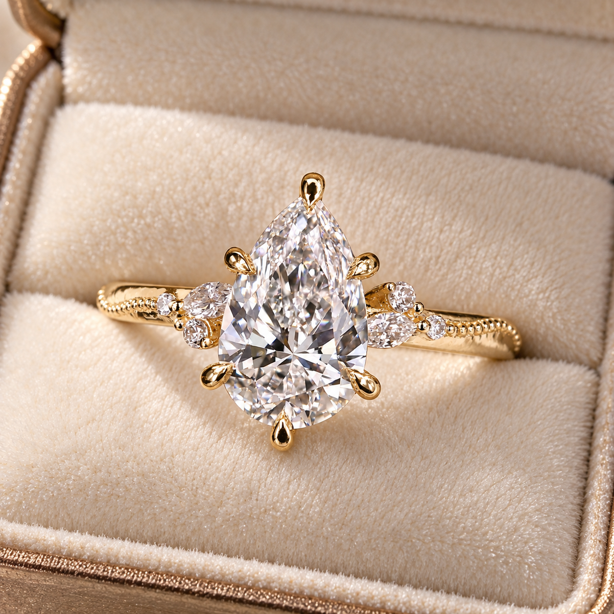 Pear Lab Grown Diamond Engagement Ring Vintage Side Stone 14K Yellow Gold IGI Certified 1.5 Carat