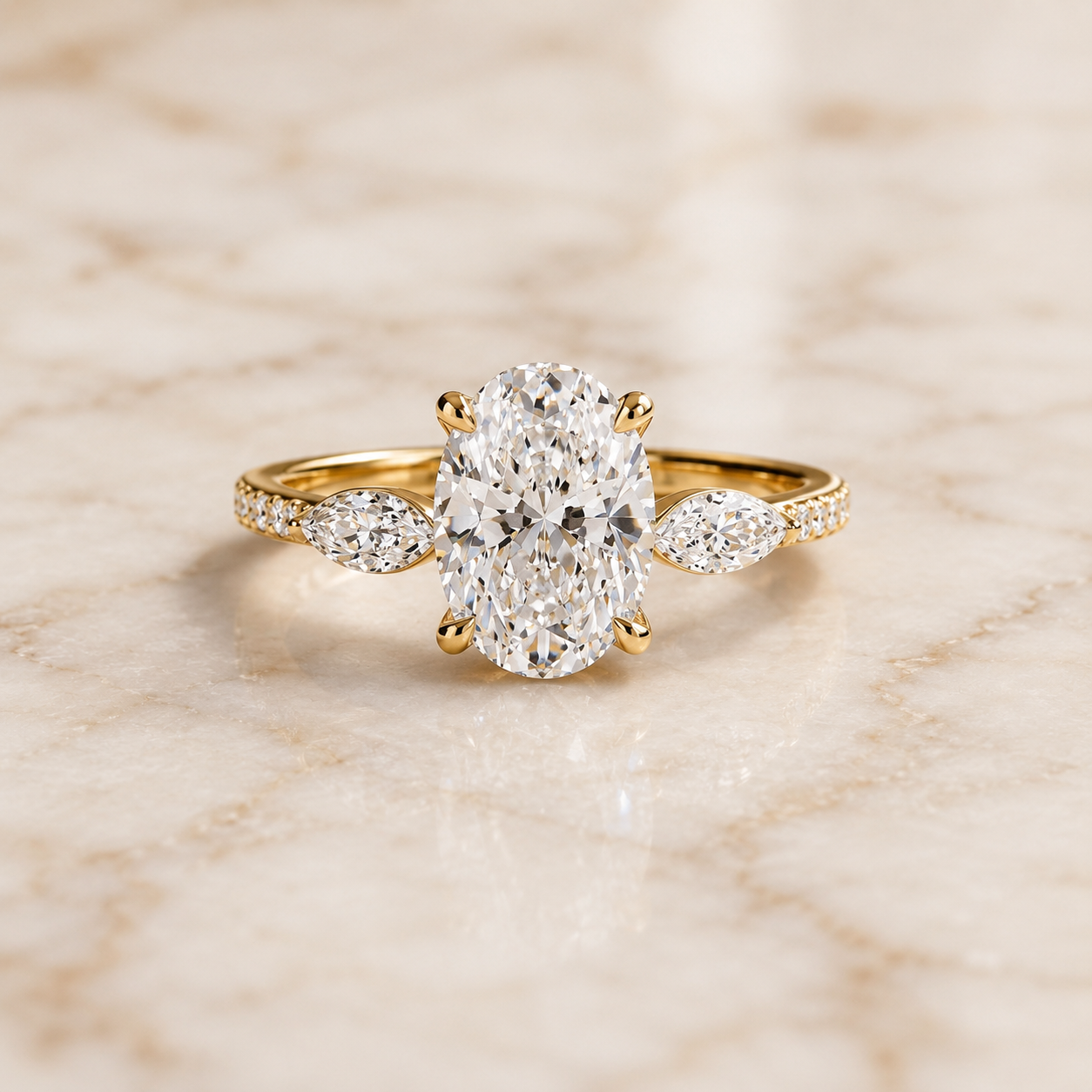 Oval Lab Grown Diamond Engagement Ring  Marquise Side Stone Pavé 14K Yellow Gold IGI Certified 2ct