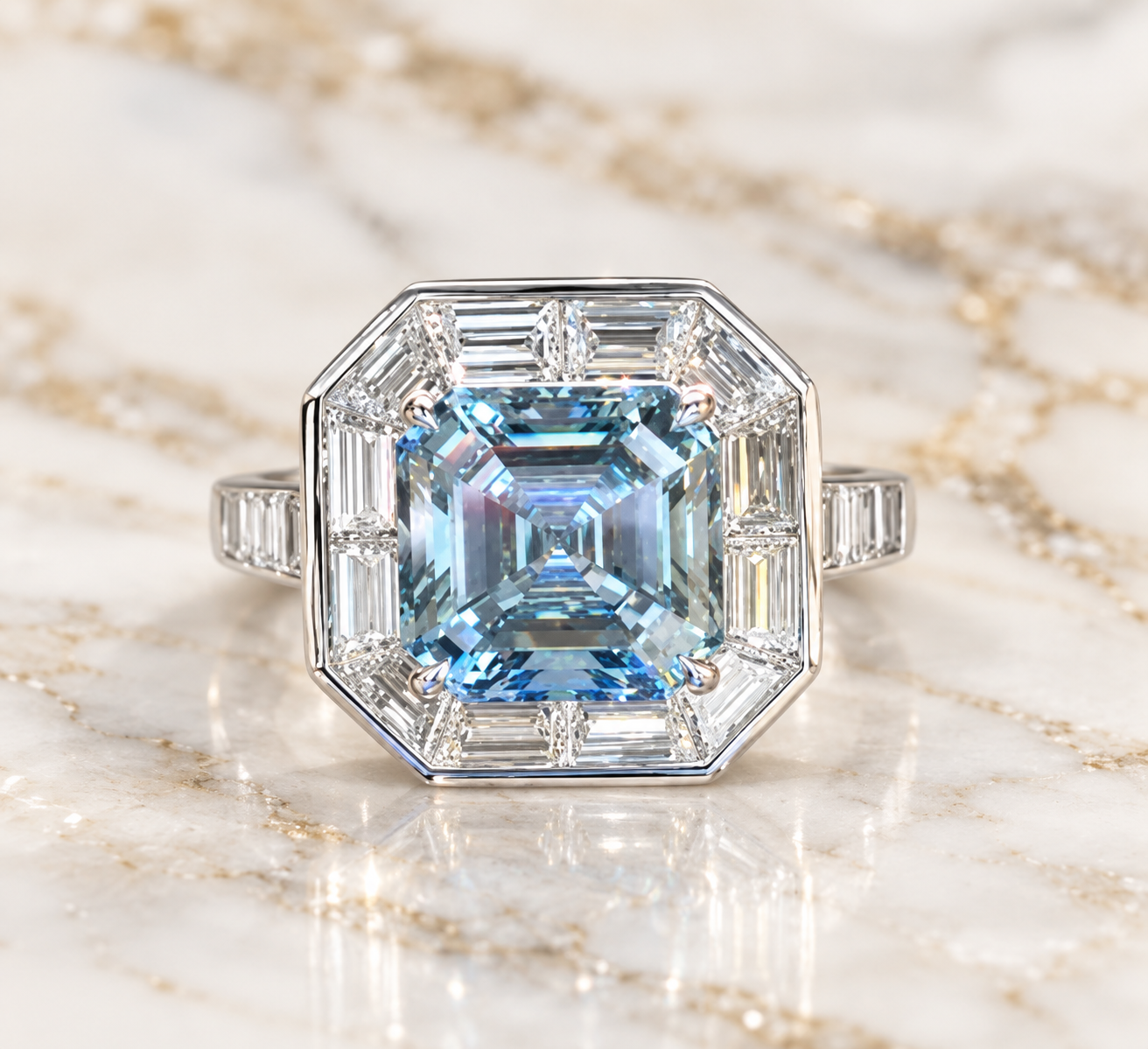 Blue Asscher Cut Lab Grown Diamond Engagement Ring Baguette Halo 14K White Gold Vintage-Inspired Setting
