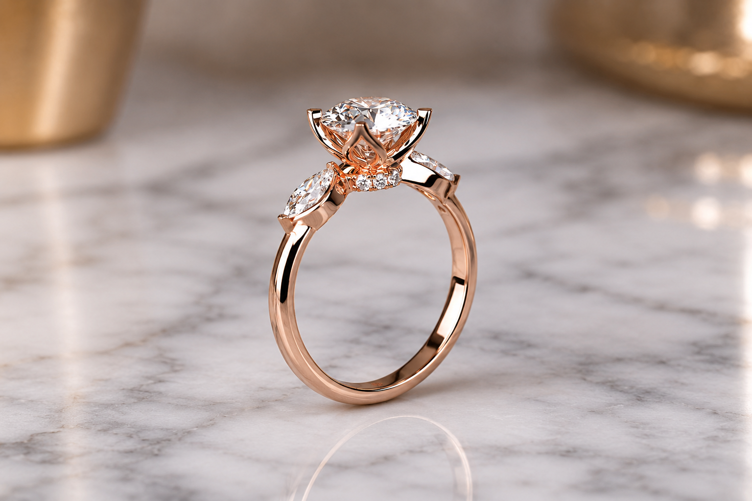 Round Lab Grown Diamond Engagement Ring Three Stone 14K Rose Gold – Floral Prong Setting