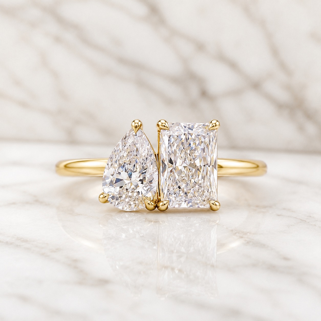 Pear & Radiant Lab Grown Diamond Toi et Moi Engagement Ring Two Stone 14K Yellow Gold Claw Prong, IGI Certified