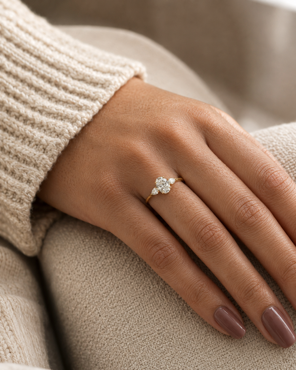 Oval Lab Grown Diamond Engagement Ring Three Stone 14K Yellow Gold IGI Certified E VVS2