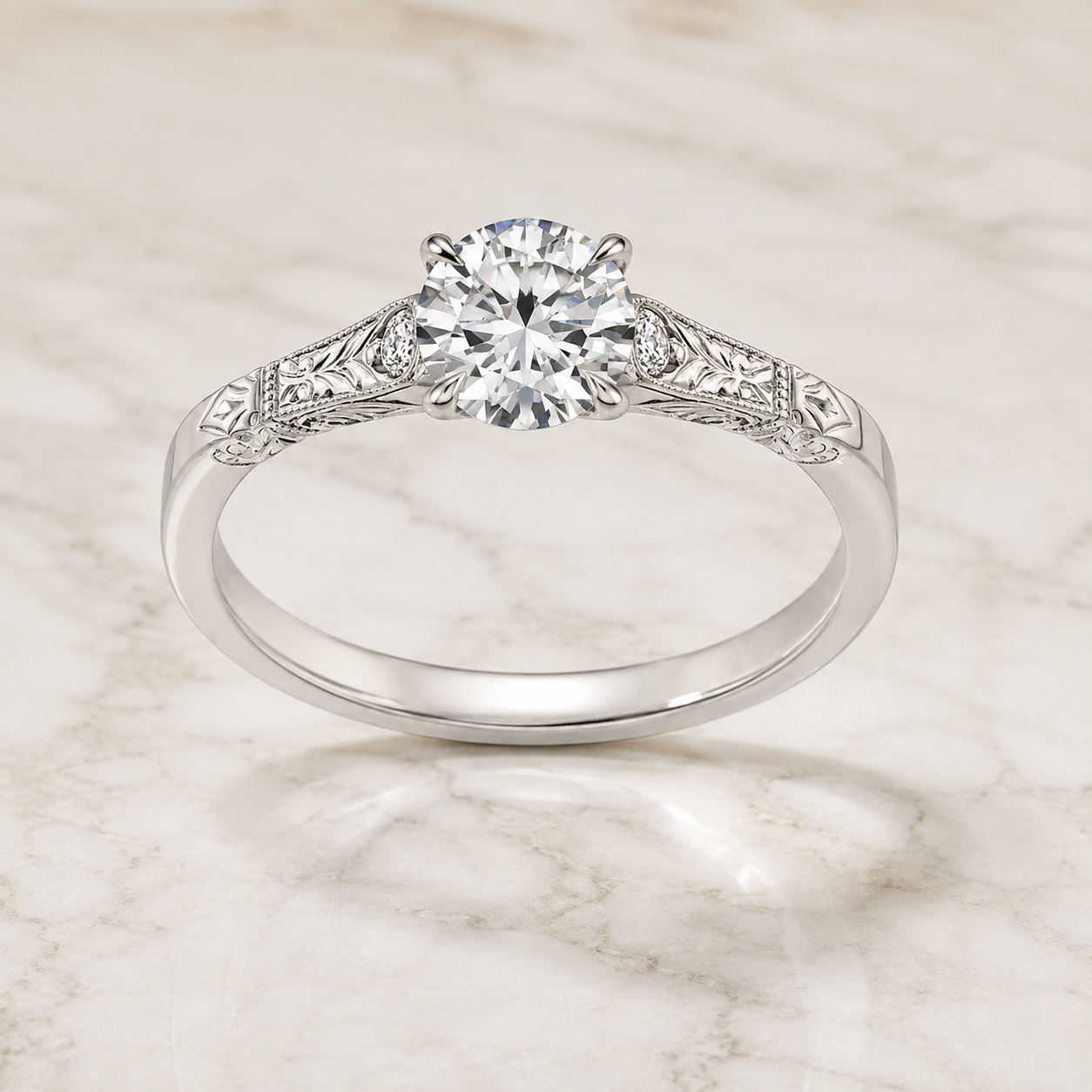 Round Lab Grown Diamond Engagement Ring Vintage Solitaire 14K White Gold Hand-Engraved Accent Setting