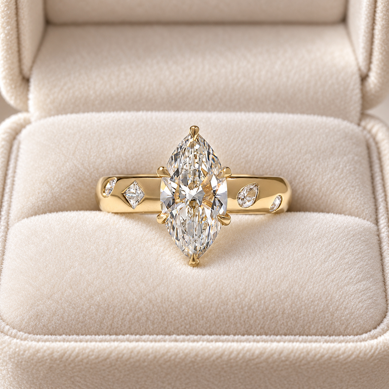 Marquise Lab Grown Diamond Engagement Ring Scattered Solitaire 14K Yellow Gold E VVS2
