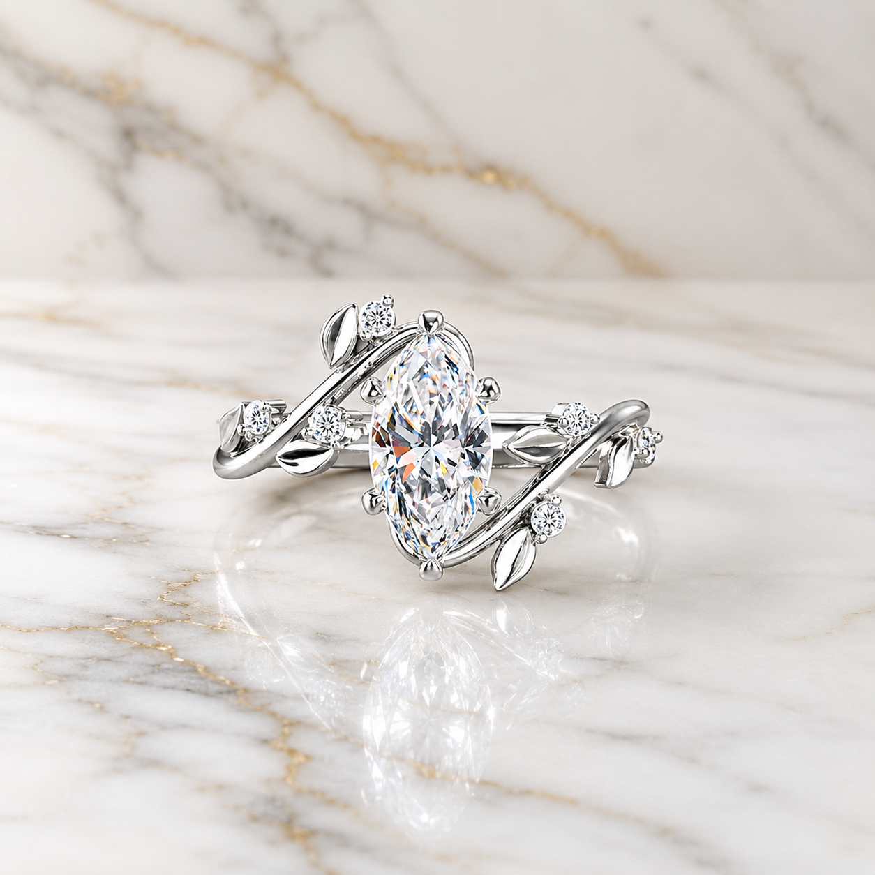 Marquise Lab Grown Diamond Engagement Ring Leaf Vine 14K White Gold IGI Certified 1 Carat