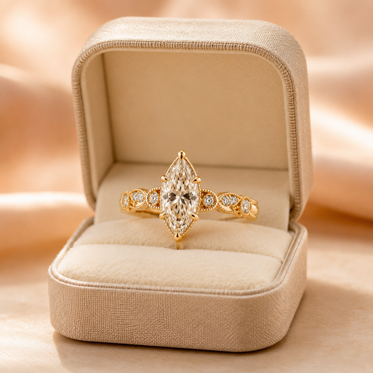Marquise Lab Grown Diamond Engagement Ring – 14K Yellow Gold Vintage Milgrain
