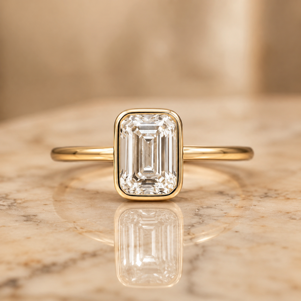 Emerald Cut Lab Grown Diamond Engagement Ring Bezel Solitaire 14K Yellow Gold  IGI Certified 2 Carat E VVS2