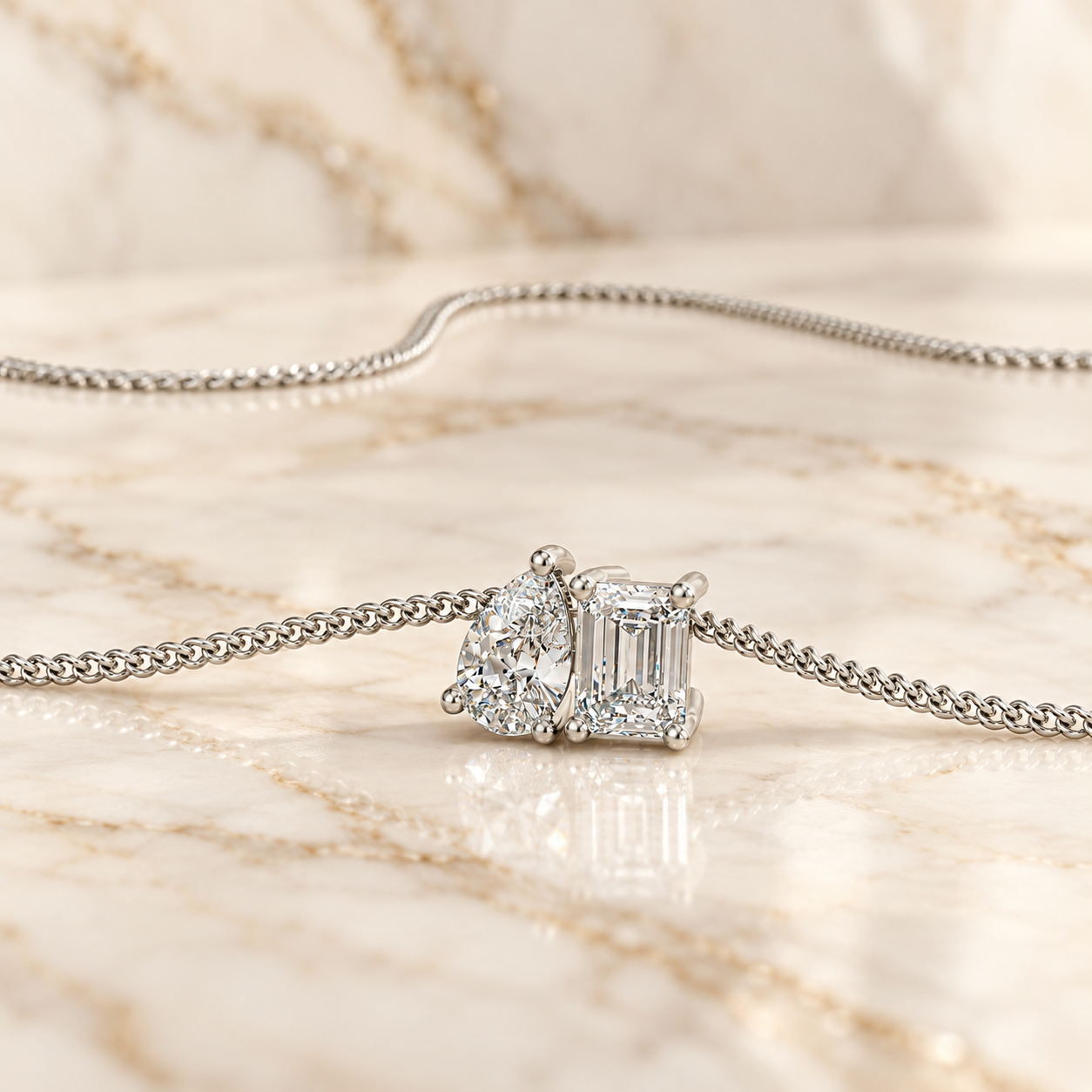 Toi et Moi Lab Diamond Pendant: Pear & Emerald Cut, 14K White Gold Necklace