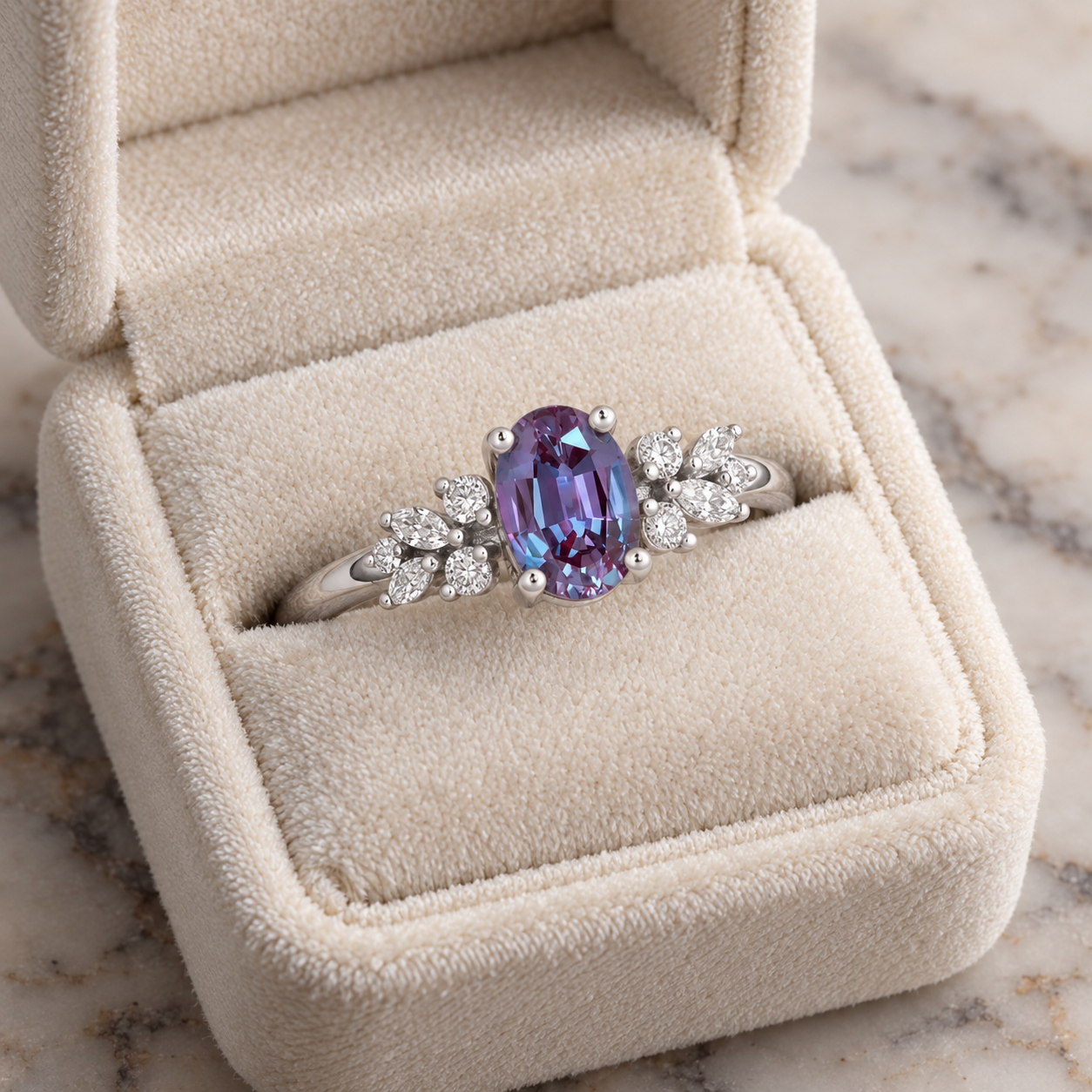 Oval Lab Grown Alexandrite Engagement Ring Floral Diamond Halo Platinum Color Change Gemstone Ring