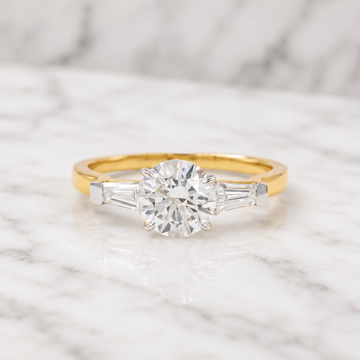 Round Lab Grown Diamond Engagement Ring Three Stone Tapered Baguette 14K Yellow Gold 1.35ct E/VVS2