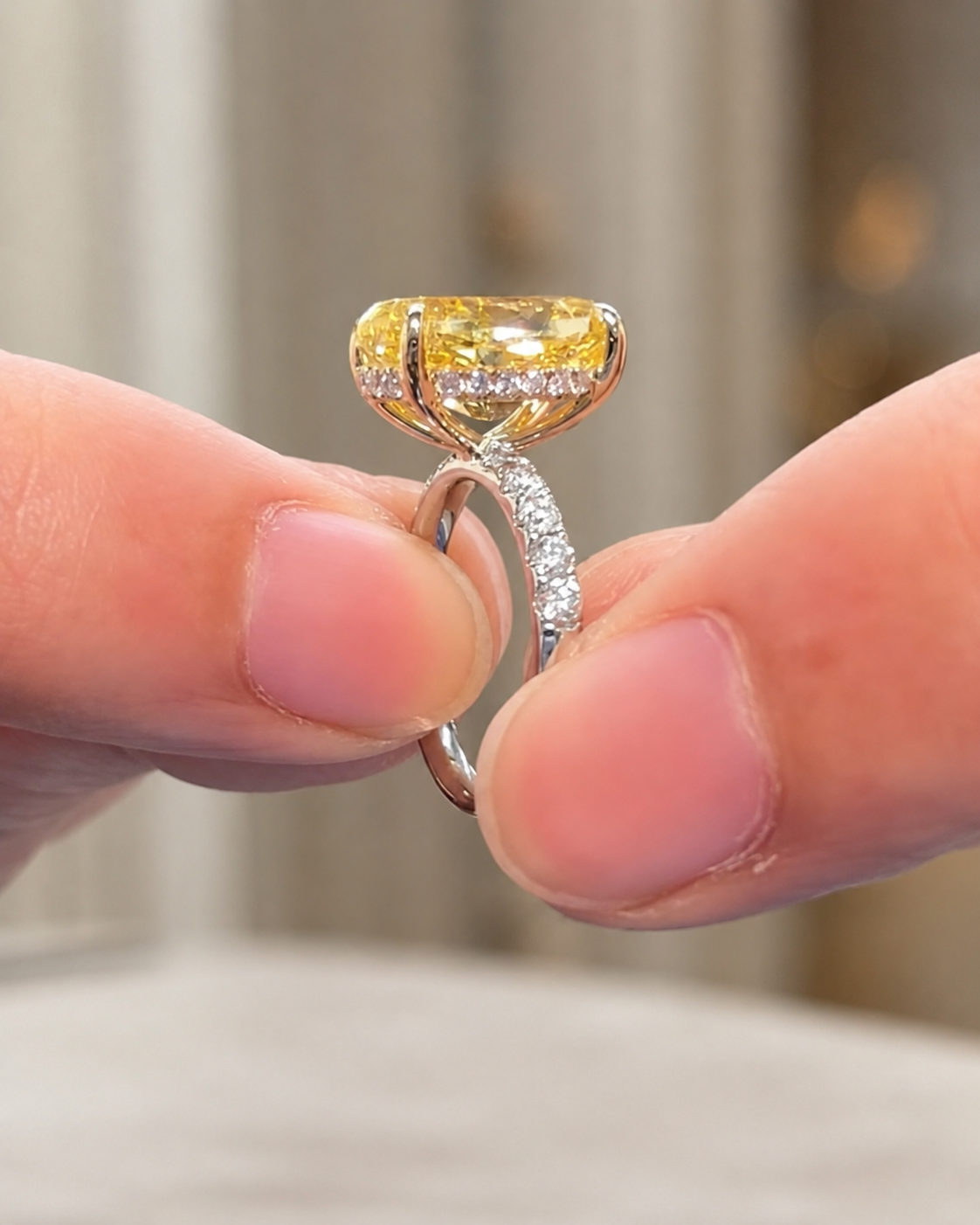 Fancy Yellow Oval Lab Grown Diamond Engagement Ring Four-Prong Solitaire 14K White Gold Pavé Band