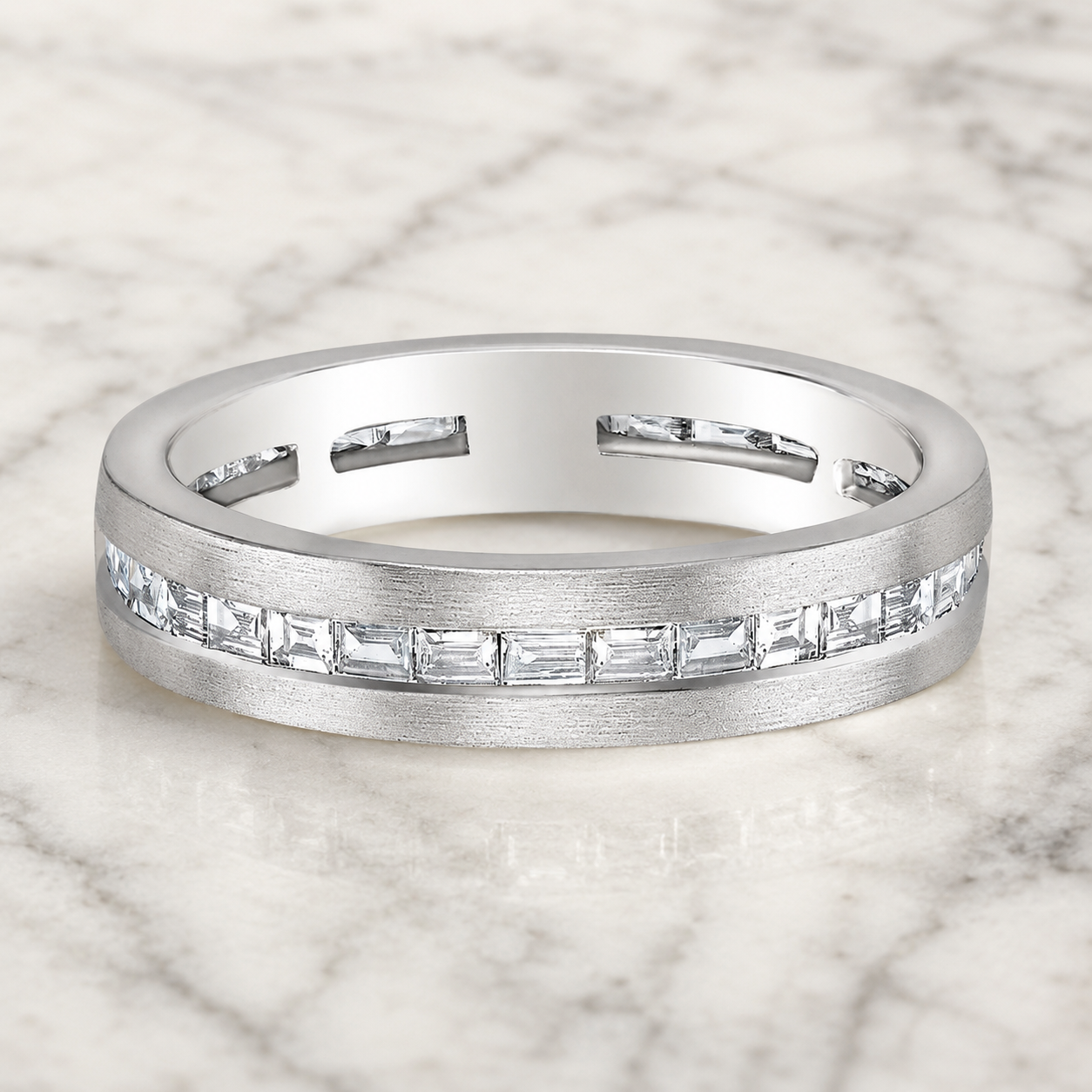 Baguette Lab Grown Diamond Wedding Band – Channel Set 14K White Gold – Brushed Finish Anniversary Ring
